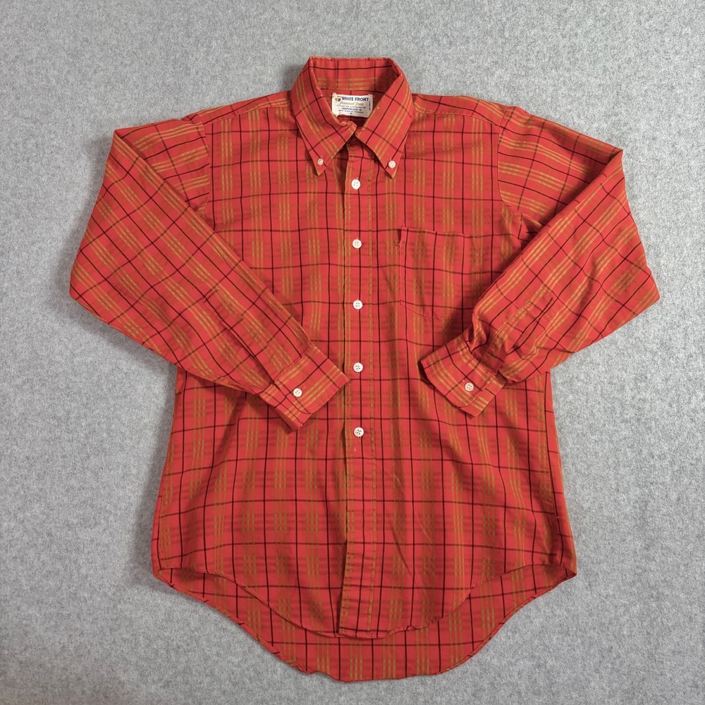 White Front Mens Plaid Button Down Shirt Red Tan Size M Permanent Press HK
